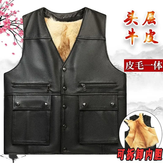 Winter fur Large piece of Genuine Leather Motorcycle Vest Mens Fit Real Cowhide Leather Waistcoat Bikers Vest sleeveless jacket