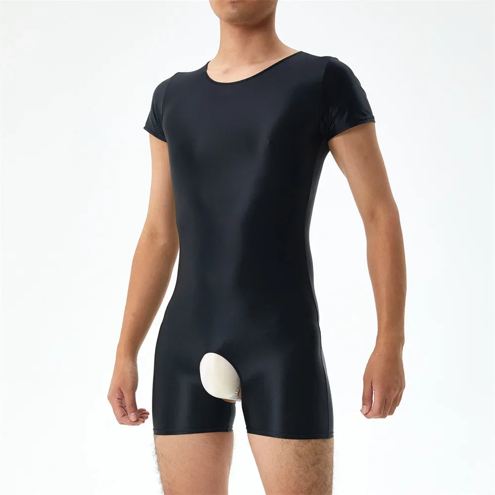 Sexy Men's Open Crotch Bodysuit Short Sleeve Oil Shiny Glossy Tights High Elastic Man Clothing Shapers Exotic Leotard