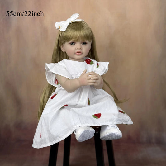BZDOLL 55cm Full Vinyl Body Reborn Baby Beautiful Doll 22inch Lifelike Long Hair Princess Toddler Baby Art Collection Toy