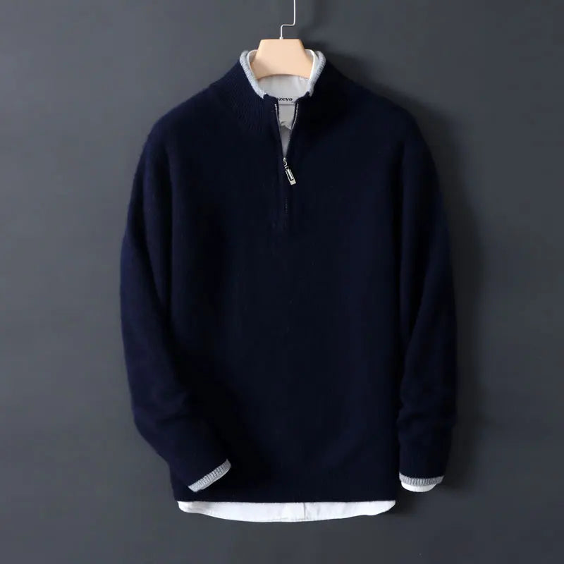 Half-high zipper cashmere sweater men's color-blocking thickened sweater loose business casual 100% pure cashmere knitted