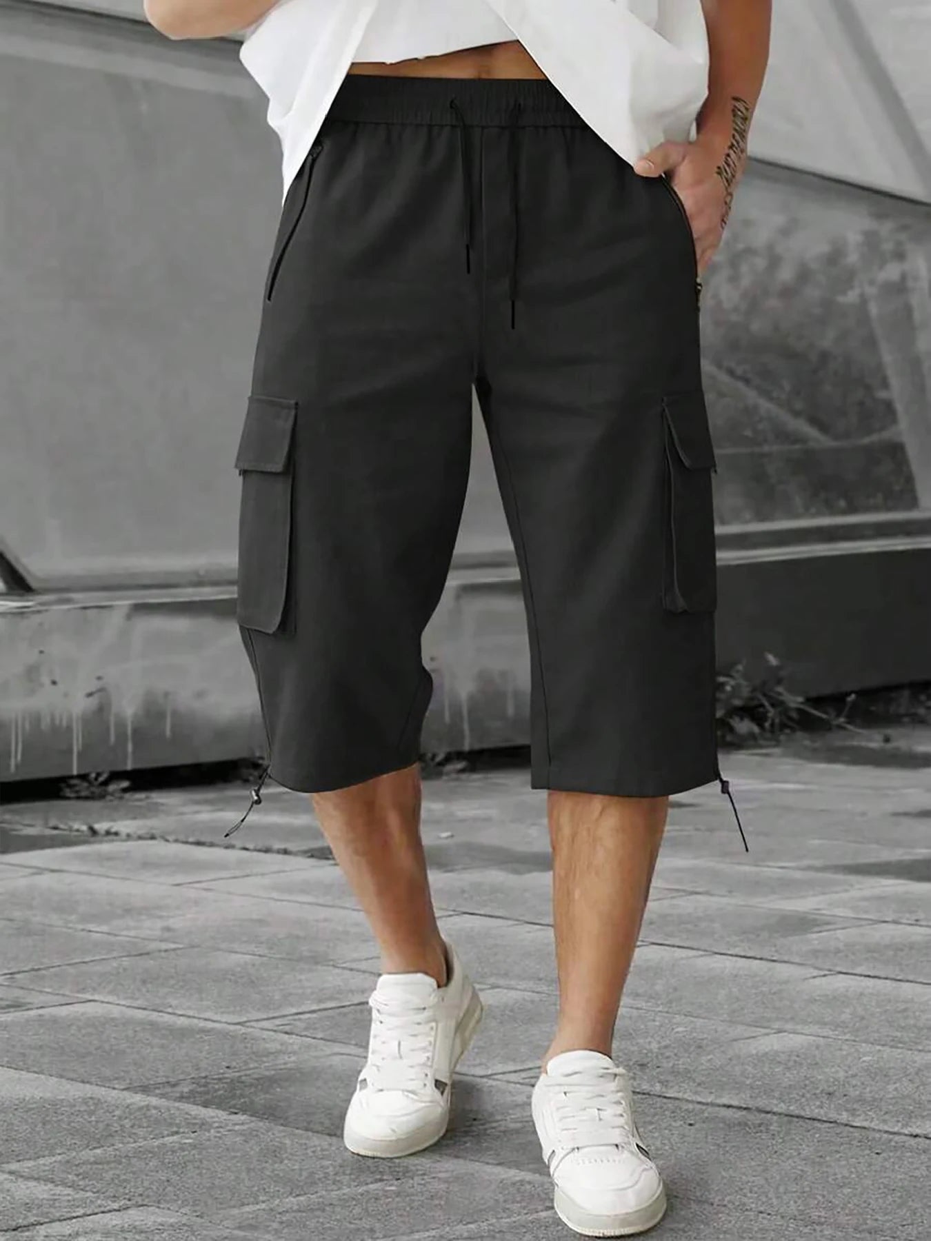 Men's 3/4-Length Cargo Shorts β Woven Twill Fabric, Multi-Pocket Casual Trousers. Non-Stretch Adult Apparel for Summer