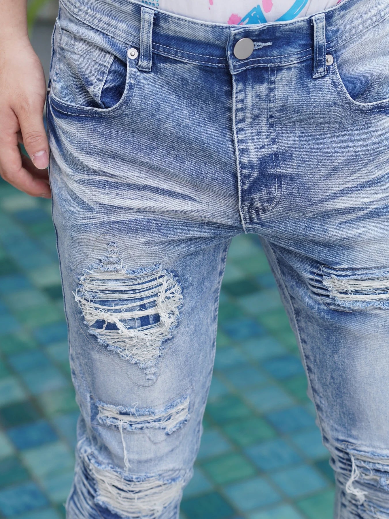 Men'S Wide Leg Jeans Distressed And Patched Style New Arrivals For Summer Breathable And Cool Promotion With Free Shipping