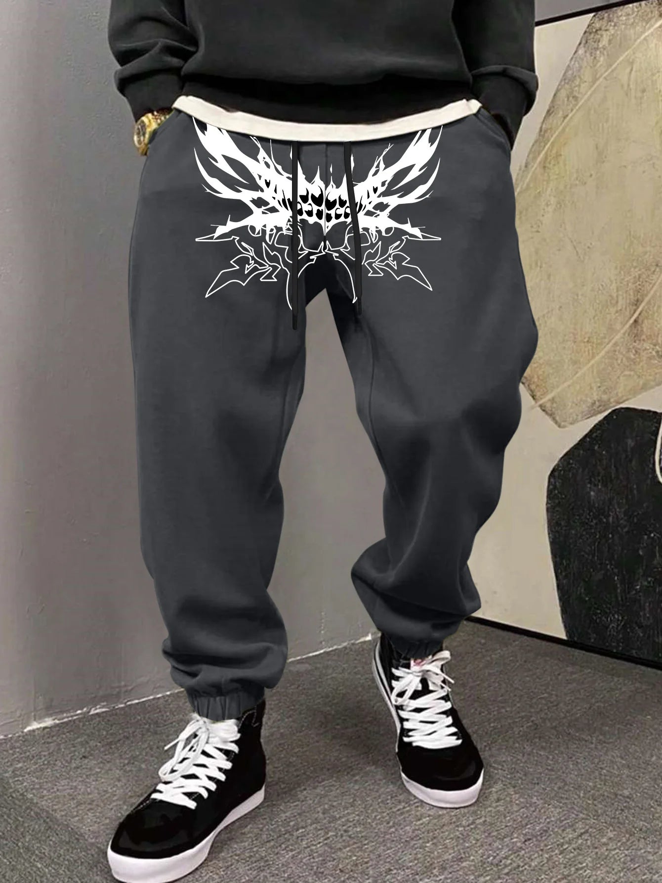 Men's Gothic Sharp Demon Mouth Thorn Print Sweatpants Elastic Waist Soft Fabric Dark Punk Street Hip Hop Joggers