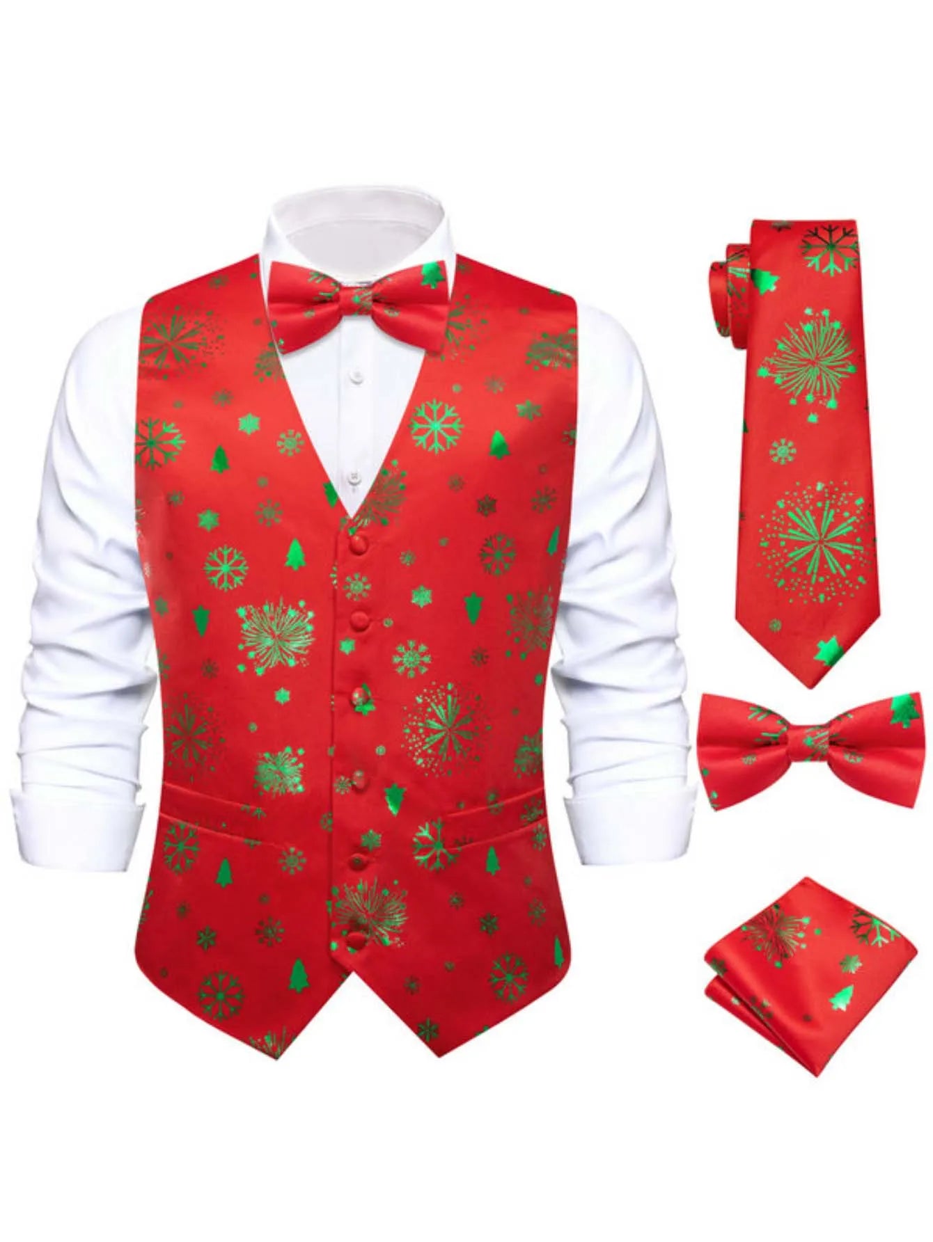 Men's Christmas Print Vest 4-Piece Set: Vest, Tie, Bow Tie & Pocket Square, Black, Red, Green for Holiday Parties