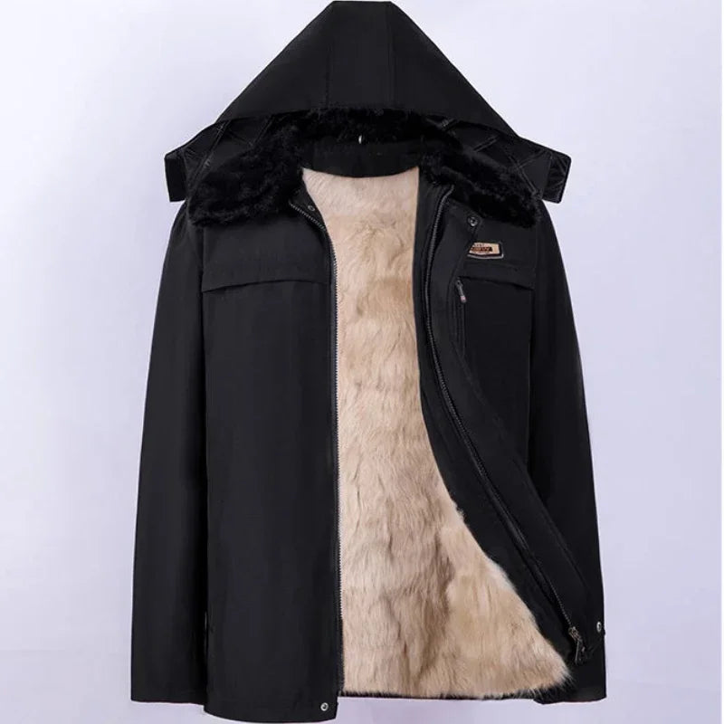 100% Wool Winter Men Fur Coat Fur One Liner Warm Thickened Sheepskin Cotton Coat Long Hair Coat Fur Collar Hooded