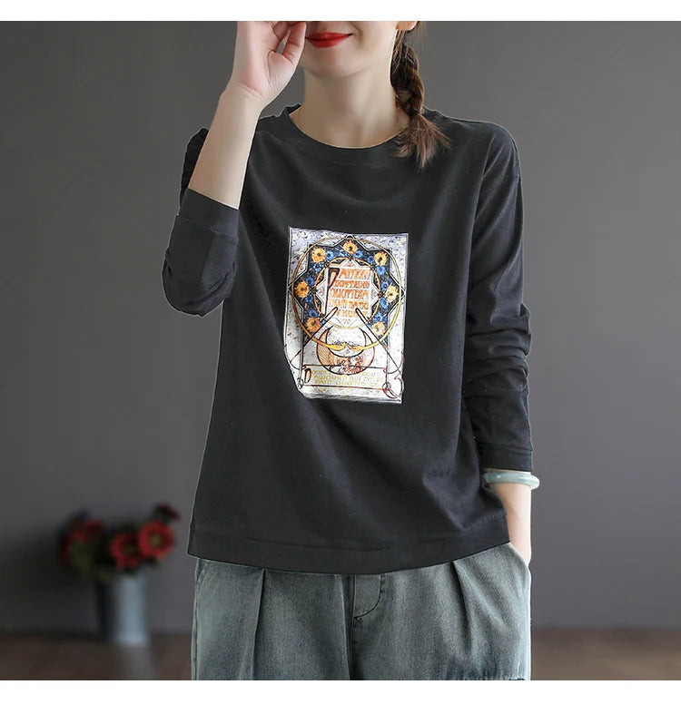 Retro Star Moon Pure Cotton Long Sleeve Pink Anti-Aging T-Shirt Women Loose Fashionable Spring Autumn Ladies Base Shirt Top
