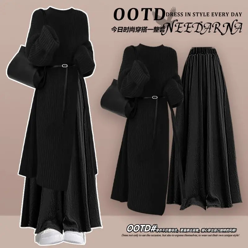 Fall Fashion High Waist Knitted Sweater Long Skirt Wide Leg Pants Two Piece Set Elegant Sweet Style plus Size Women's Suit