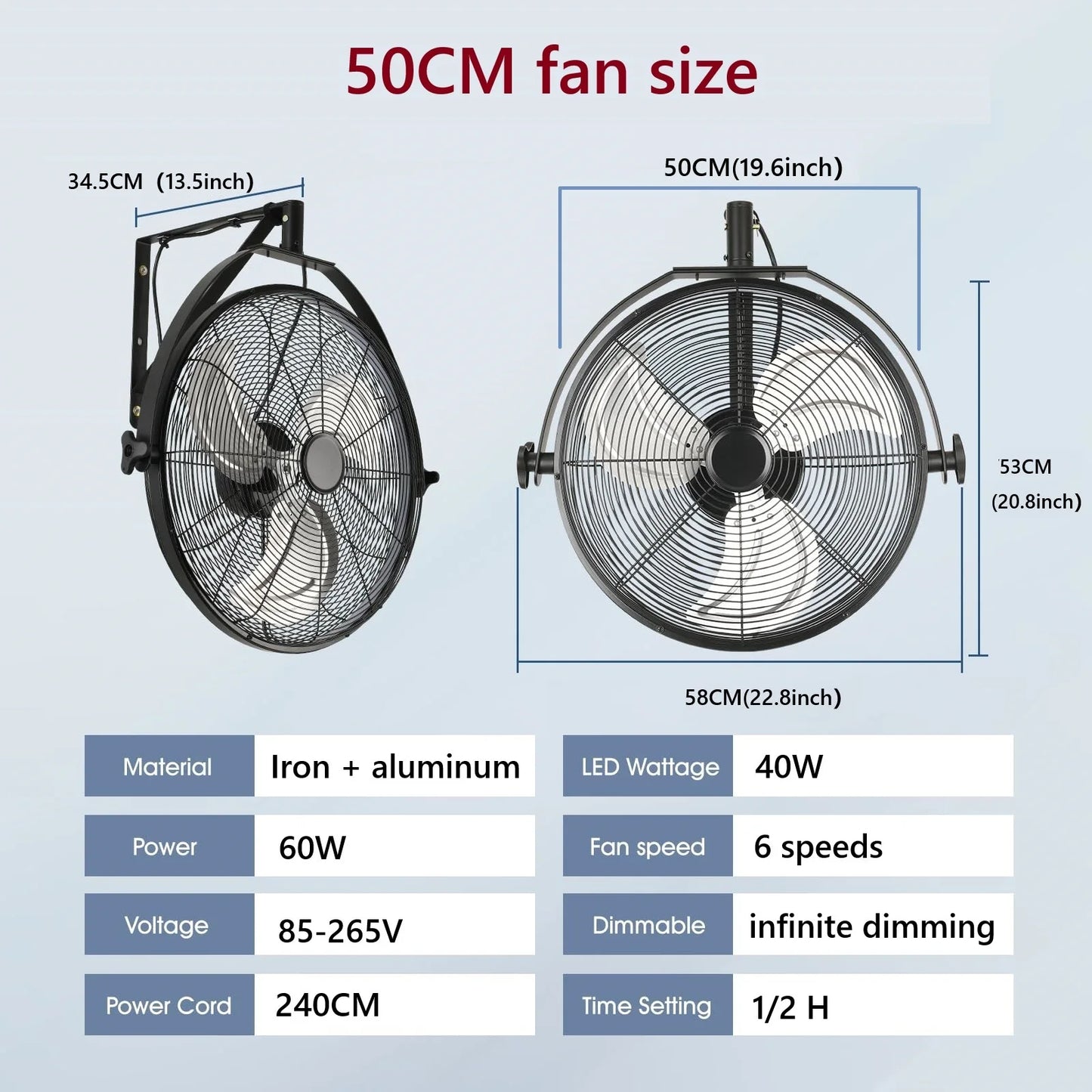 Modern Wall Fan Remote Control 6 Speed Electric Fan Ventilation Multi-Adjustable Oscillating Head Timer LED Ceiling Fan Light