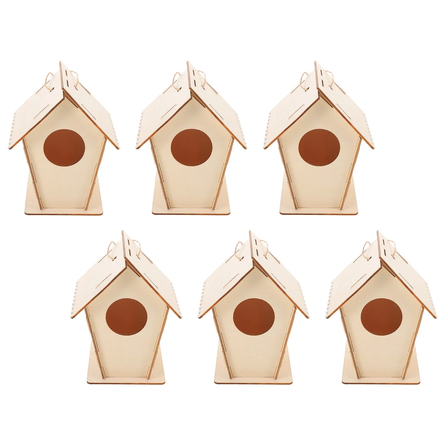 6Pcs DIY Wooden Bird House Kit Paintable Mini Hanging Twine Pre-Drilled Easy Assembly Kids Wood Craft Building Kit