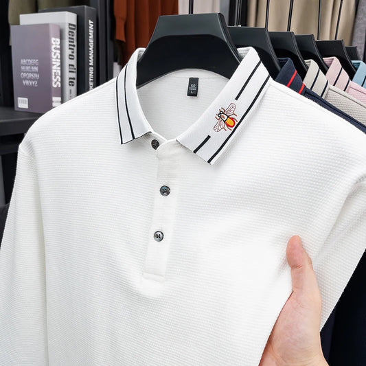 2026 Light Luxury Fashion 100% Pure Cotton Polo Shirt Men's Long Sleeved Spring New Item Lapel Base T-shirt