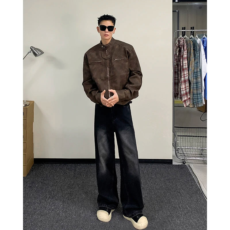American Retro Street Motorcycle Leather Jacket Men's Trendy Brand Handsome Small Shoulder Pad Stand Collar Marrow Jacket Coat