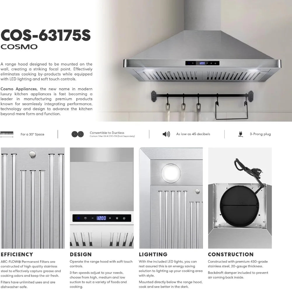 30 in. 380 CFM Ducted Wall Mount Range Hood, Touch Controls, LED Lights