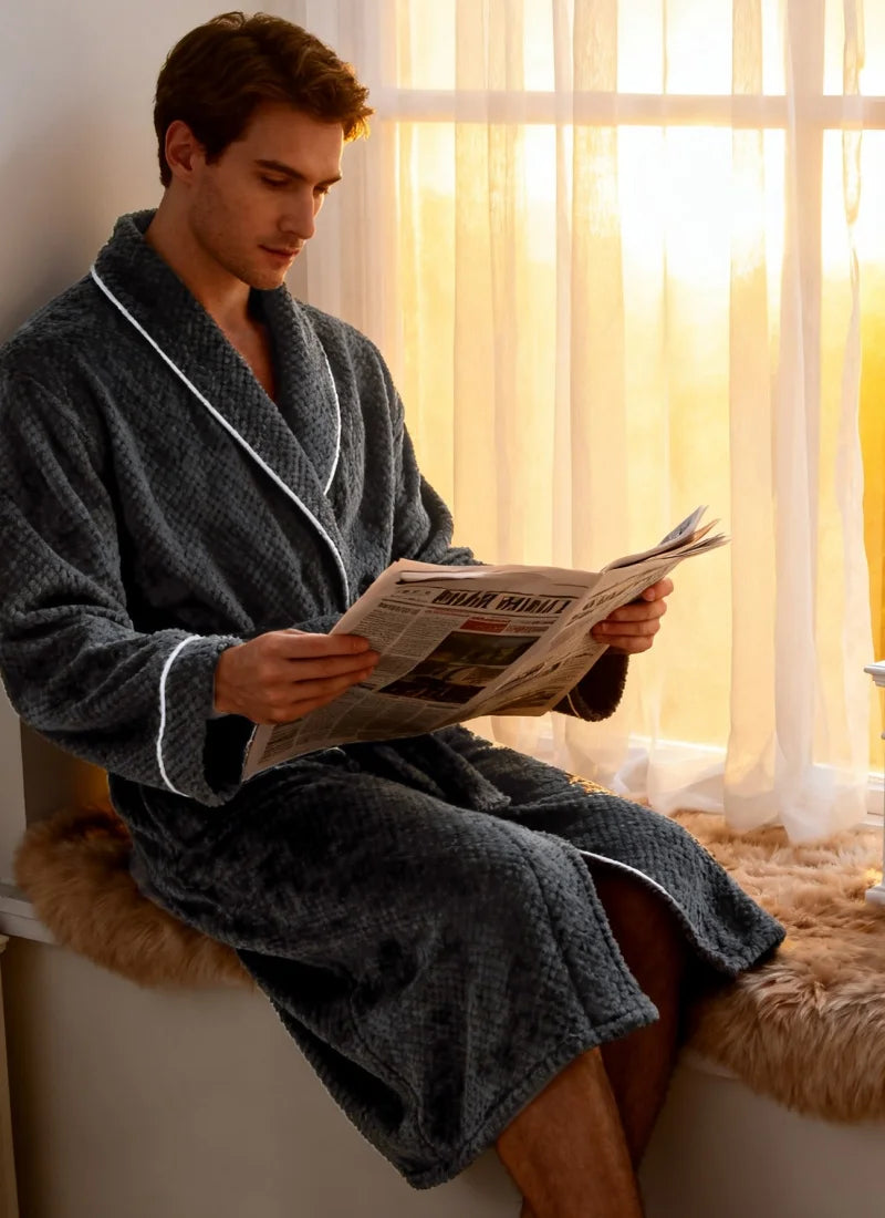 Men Coral Fleece Bathrobe Ultra Soft Jacquard Plush Long Sleeve White Trim with Pockets for Winter Home Luxury Warm Loungewear C