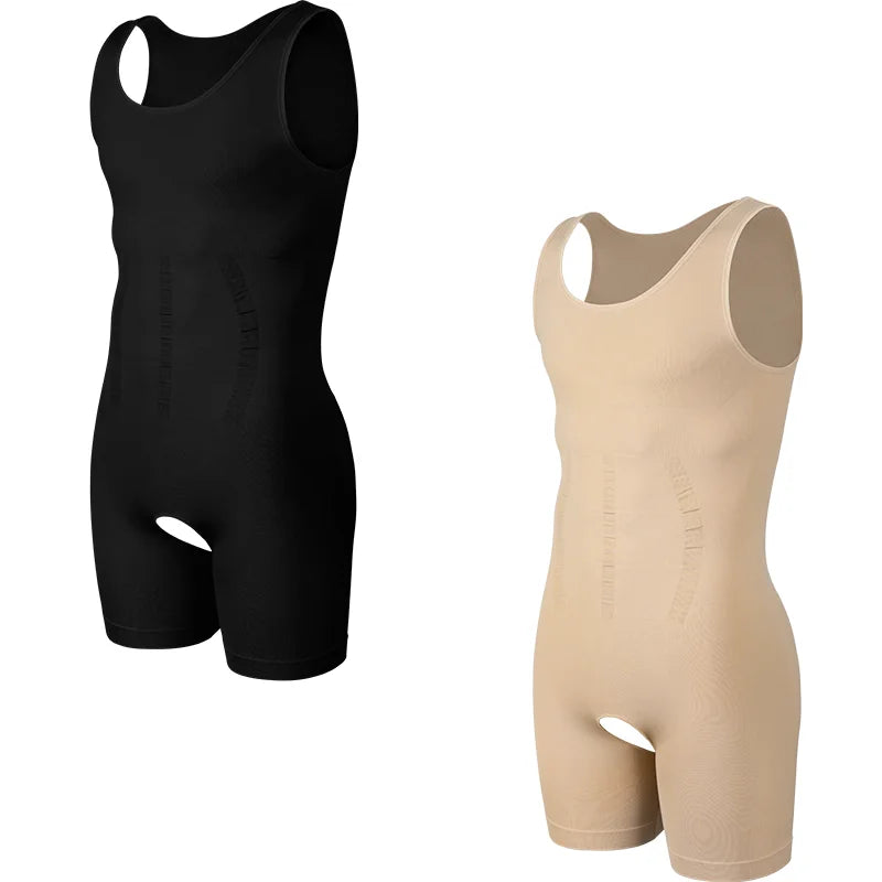 Miss Moly Men Compression Bodysuit Wide Strap Anti-Chafing Full Body Shaper Muscle Knitting Shapewear Open Crotch Underwear
