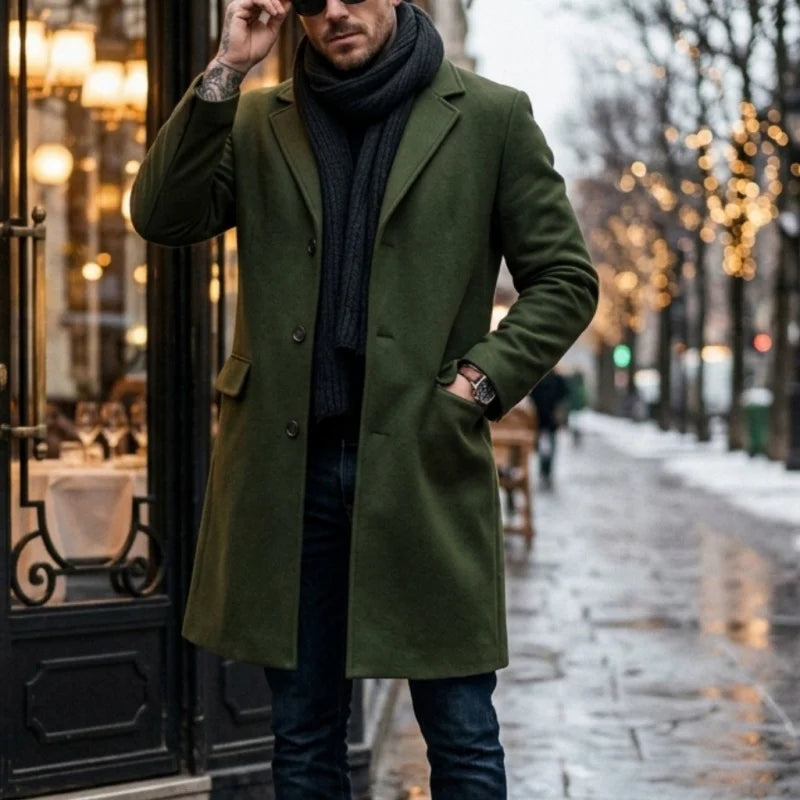 New Winter Men's Wool Blend Trench Coat Extended-Length Single-Breasted Design Business Casual-Mature Streetwear Coat Men