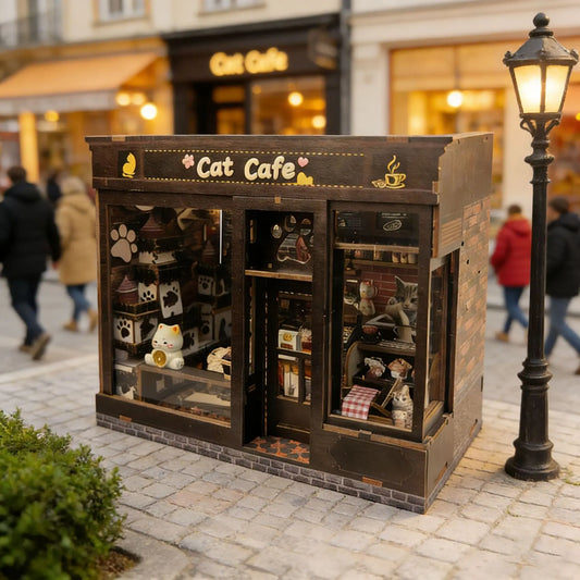 Cat Cafe Wooden Book Nook 3D Wooden Puzzle DIY Handmade Miniature Model Assembly Toy Craft Kit For Adults Teens With Led Light