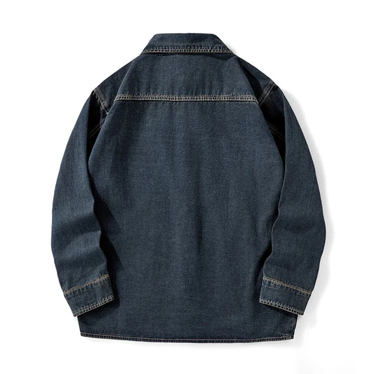 Heavy duty washed denim jacket for men vintage blue lapel long sleeved shirt style jacket casual and loose outer wear