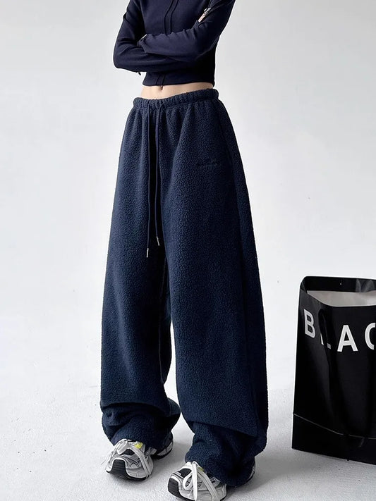 High Waist Drawstring Straight Leg Fleece Lined Casual Pants Women's Thickened Winter Fashion Korean Style Warm Trousers