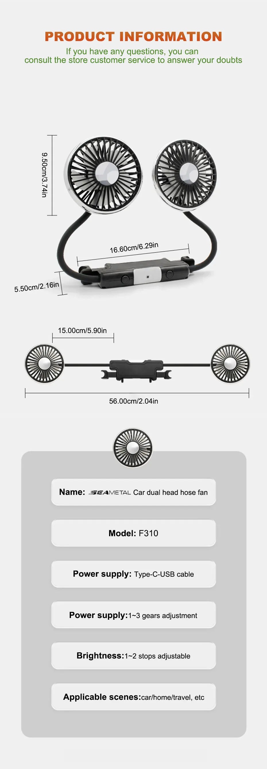 SEAMETAL Dual Head Car USB Fan Cooling Air Fan 3-Speed 360 Degree Adjustable Auto Headrest Fan for Summe Car Accessories