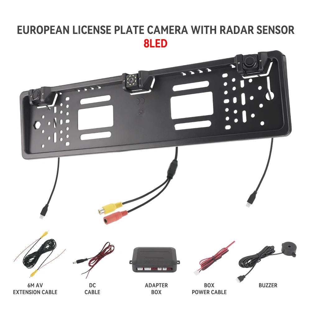 3 in 1 Car Backup Camera and Parking Sensor Kit with EU License Plate Holder, 12V Universal Rear View System with Audio Alerts