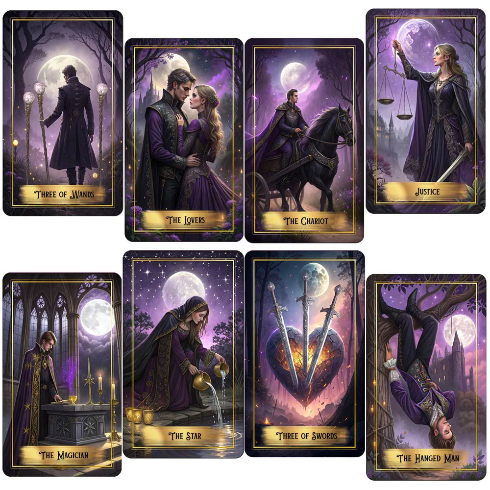 Purple Moon Tarot Cards Set, 78 Pieces, 13x8 Cm, Includes Paper Instructions, Perfect for Beginners, Enter Mystical Realm