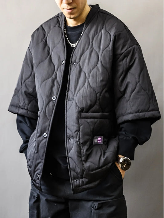 Autumn Winter Japanese Streetwear Half Sleeve Padded Jacket Harajuku Casual Mens Jacket Harajuku Thick Trendy V-Neck Coat Male