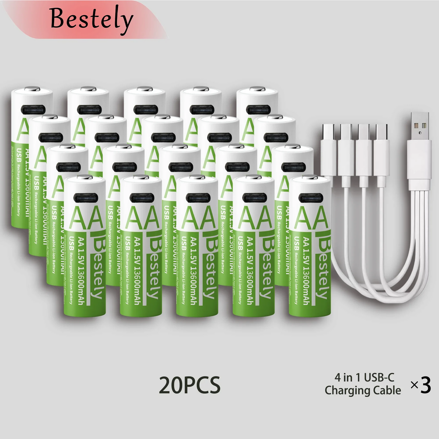 Latest Rechargeable 1.5V AA 13600mAh USB Lithium Battery , Fast Charging Li-ion AA Battery , 2000 Cycle with USB- C Port Cables