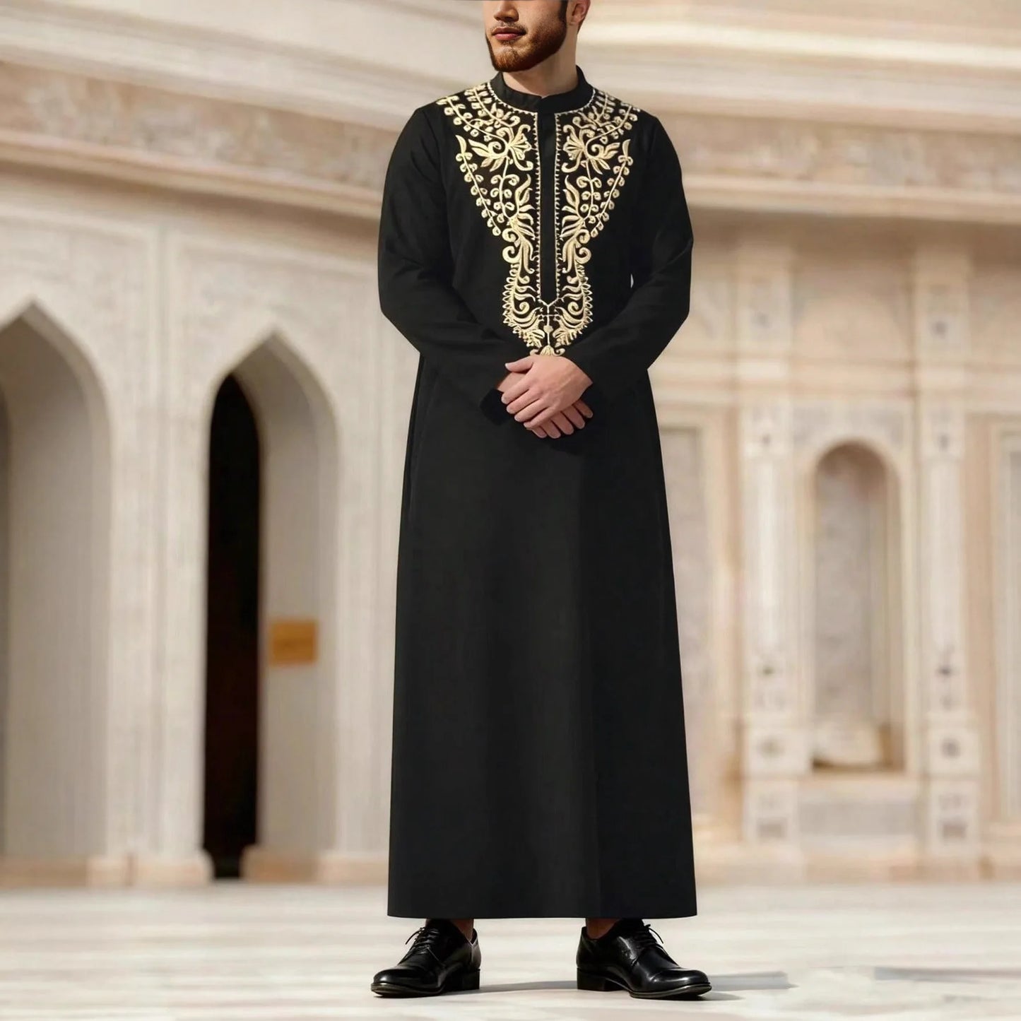 2026 New Ethnic Style Long Sleeve Stand Collar Embroidered Loose Fit Saudi Arabian Men's Robe Ramadan Dubai Luxury Islam Elegant