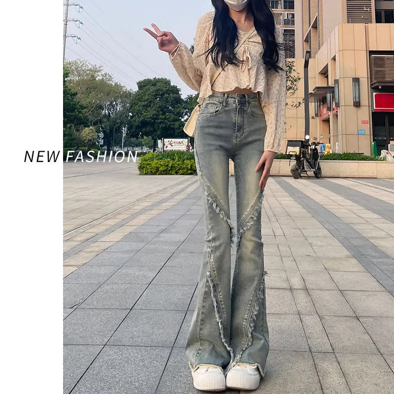 Spicy Girl Autumn Korean Style Slimming Bell Sleeve Top And Jeans Set Women's Fashion Slim Fit Long Sleeve round Neck Suit