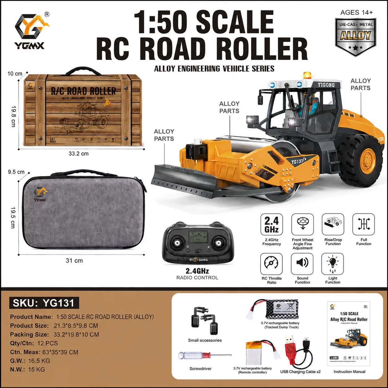 JIKEFUN 1/50 YG970 636 T14R RC Excavator Loader Dump Truck Remote Control Alloy Simulation Engineering Vehicle Model Toy