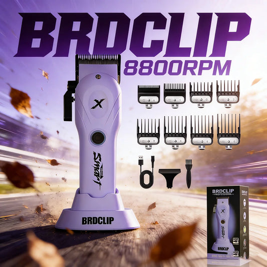 Professional BRDCLIP Purple Hair Clipper Brushless Motor 8800RPM 4500mAH DLC Blade 5 Speed Adjustment Lever With Chargine Base