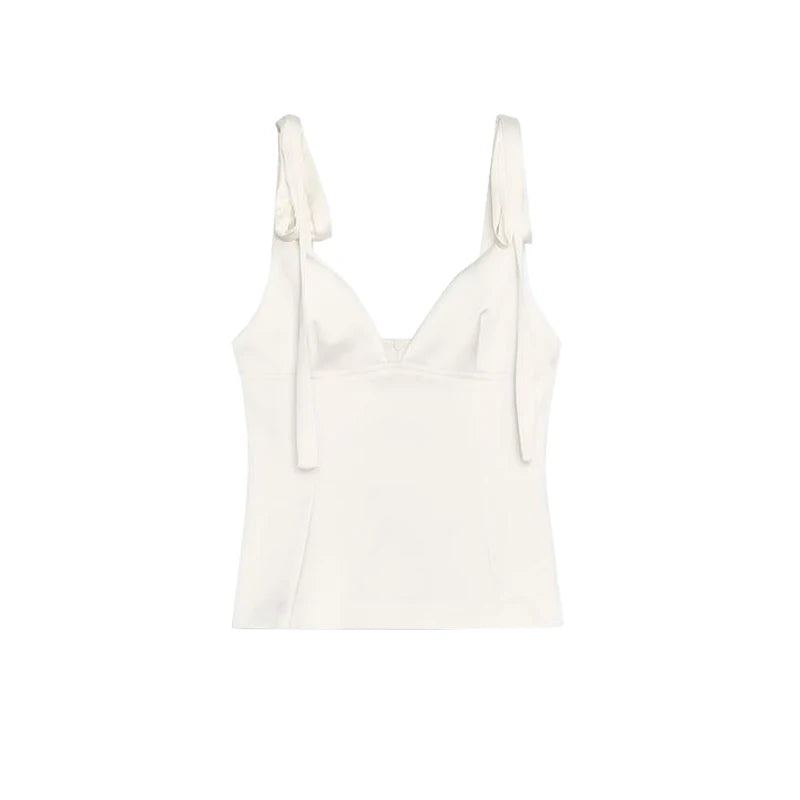 Summer New Women's Simple Style V-neck Sleeveless Knot Decorated Silk Satin Feel Strap Top Original Design Slim Fit