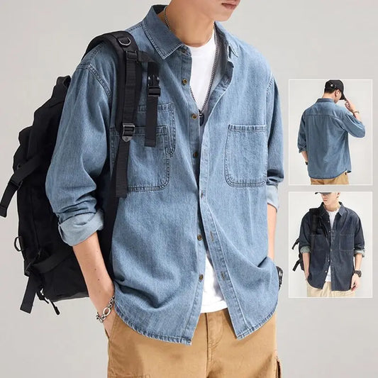 Denim Shirt Men's Long Sleeve Spring and Autumn Boys Japanese Retro Ruffian Handsome Tooling Shirt Gown Casual Jacket Men
