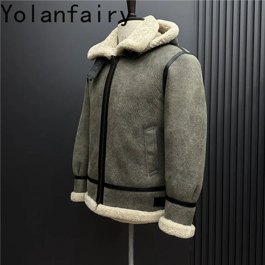 YOLANFAIRY New Natural Fur Coat Man Warm Hooded Winter Real Sheepskin Genuine Leather Jacket Men High Quality Leather Jackets