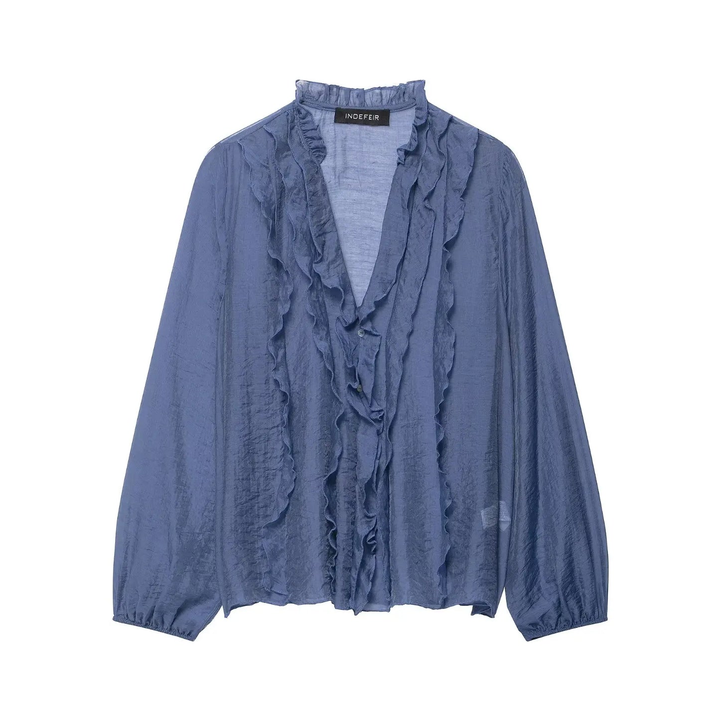 HH Women Elegant Fashion Polka Dot Ruffled Blouse V Neck Long Sleeve Shirt Summer Translucent Thin Tops High Street Chic Shirts