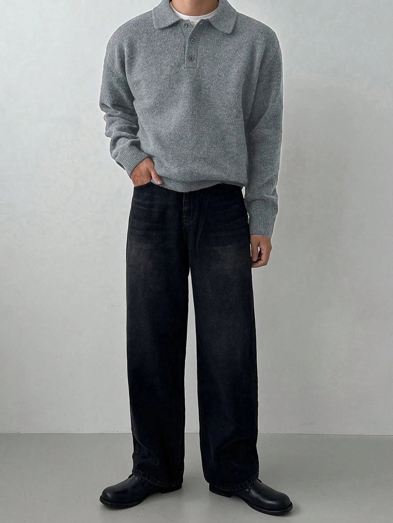 LVLAEA Old Money Style Men's Pullover, Solid Color Long Sleeve Lapel Button-Up, Fall Winter Loose Warm Casual Loungewear