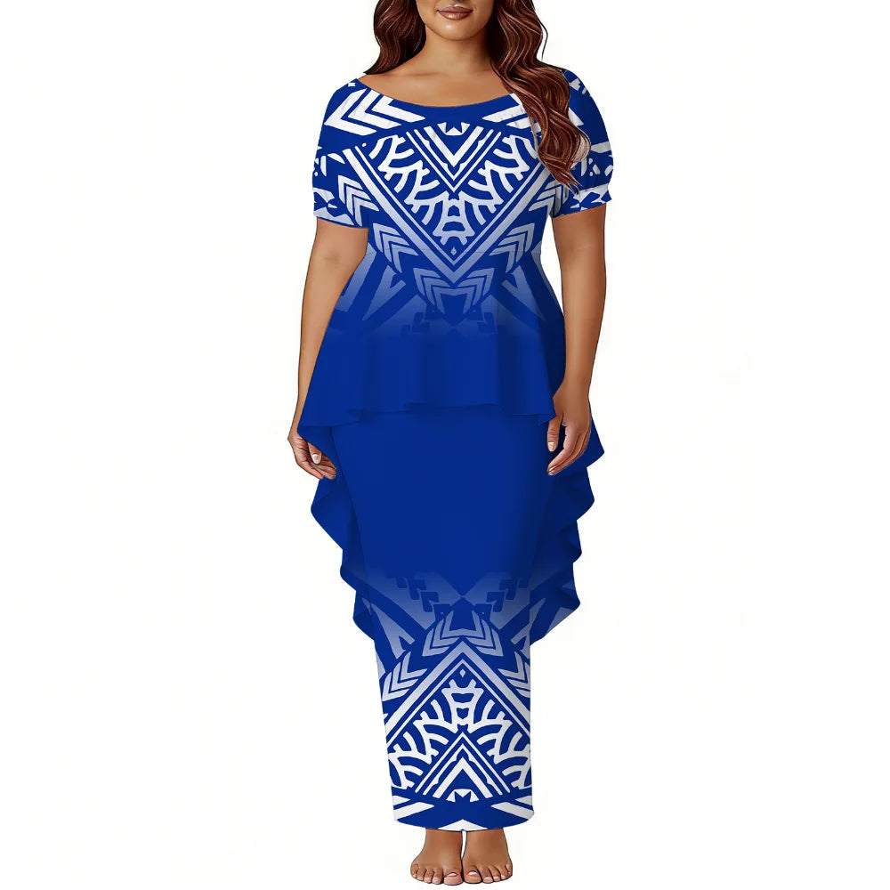 Polynesian Island-Style Women'S Short-Sleeved Puletasi Floral Print Dress Samoan Party Style Evening Dress