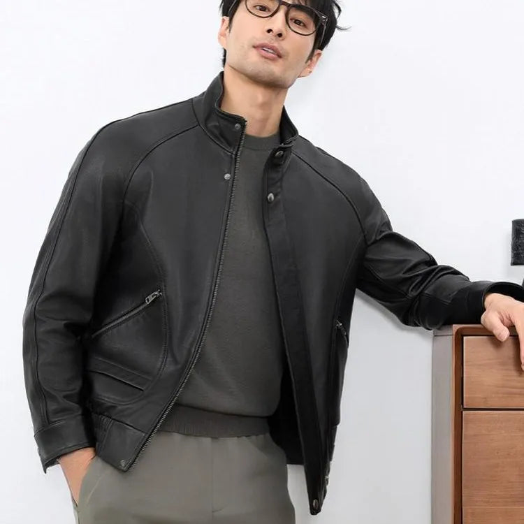 New Designer Men Natural Real Sheepskin Jacket Stand Collar Business Work Soft Genuine Leather Jacket Zip Casual Punk Style Coat