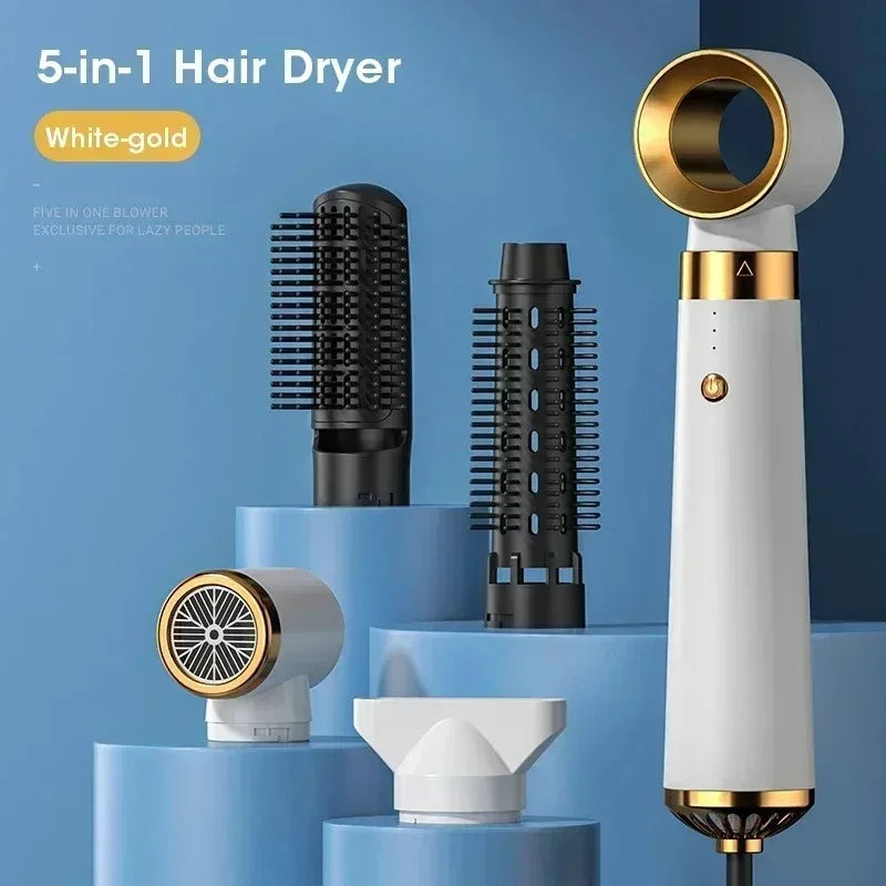 5-in-1 Negative Ion Hair Dryer Styler Straightener Curler Fast Drying Strong Wind 110V/220V for Home Travel Salon