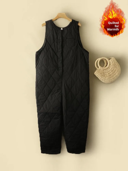 Warm Cotton Lined Pants Large Size Women's Clothing Anti-Aging One-Piece Suit Sleeveless Buckle round Neck Overall Pants