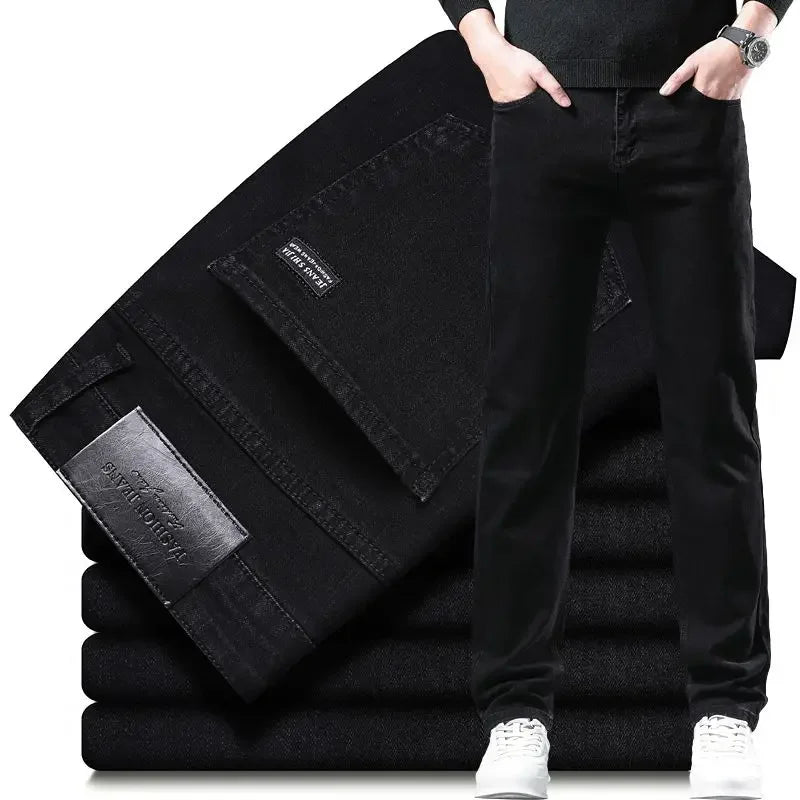 Amekaji Men Fashion Slim Fit Jeans Male Elasticity Smart Casual Mid Classics Straight Denim Pants Wedding Party Black Trousers