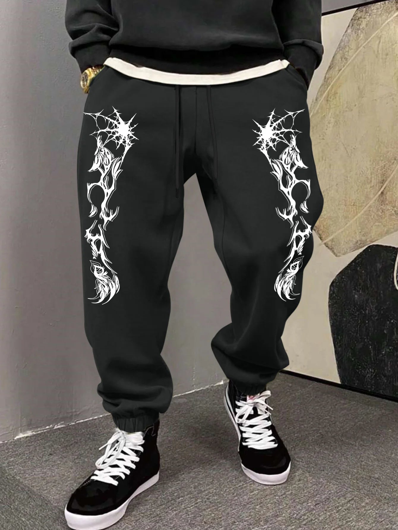 Men's Gothic Dual Side Spider Web Thorn Abstract Print Sweatpants Elastic Waist Soft Dark Punk Street Hip Hop Joggers