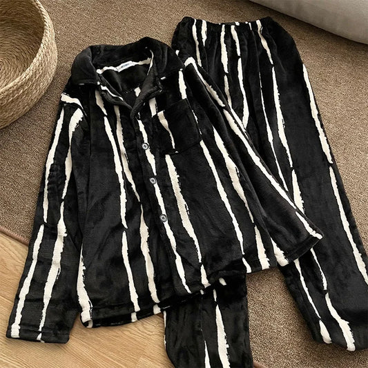 Men's Coral Fce Pajamas Set Thiened Warm Loose Striped Home Clothes Comfortable Breathable All Seasons Spwear