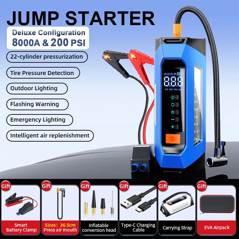 8000amp 200psi Tire Inflator Car Jumper Multifunction 12v Battery Booster Super Compressor Power Bank Jump Starter With Air Pump