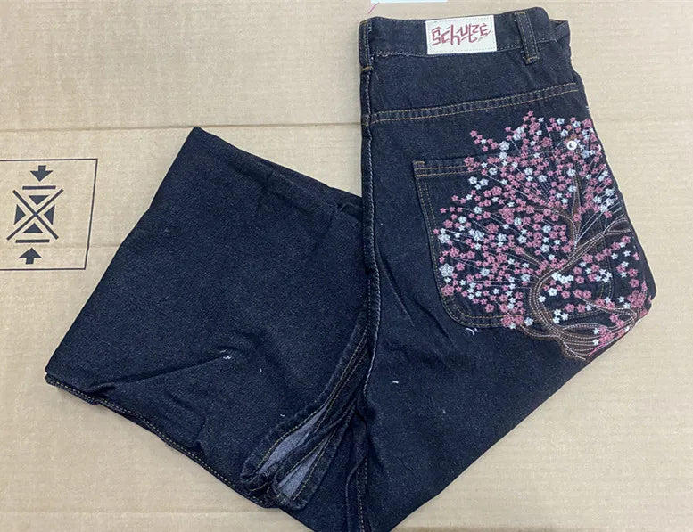 Y2K Vintage Low Waist Hip Hop Cherry Blossom Embroidered Jeans Wide Leg Trousers Clothes Mens Embroidered Baggy Jeans Womes