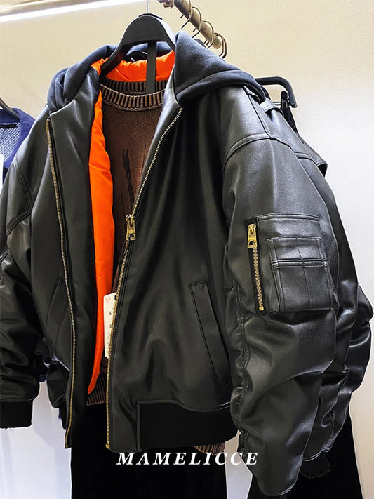 MAMELICCE Original design Hooded Splicing Faux leather jacket Men's clothing Thickened coat Cotton jackets Autumn and winter top