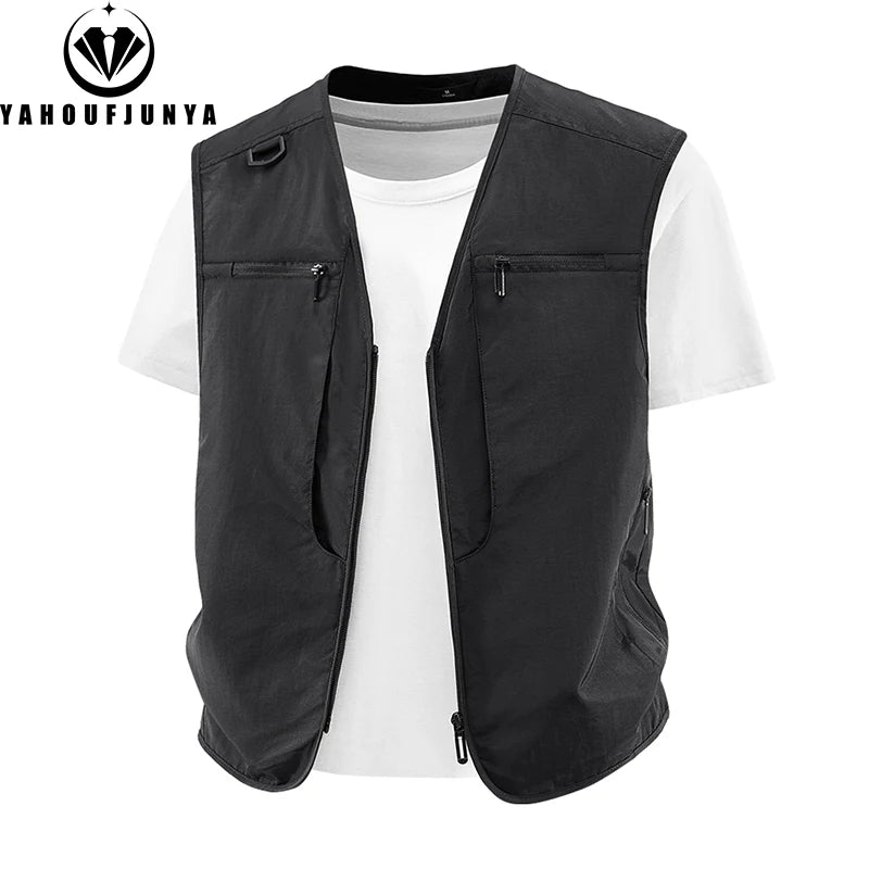 2026 Summer Men Sleeveless Outdoor Cargo Leisure Work Vest Men Pocket Solid Color Fishing Camping Thin Vest Male Waistcoat 8XL