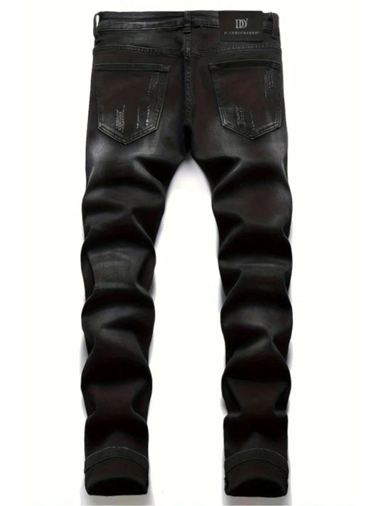 Men's Black Distressed Jeans Skull Patch & Embroidery Letter Print Slim Fit Stretch Denim Pants Street Fashion Biker Trousers