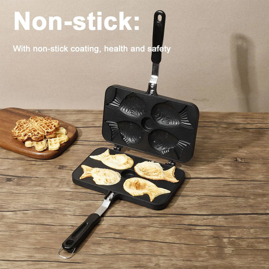 Four Fish Shaped Fry Pan Waffle Molds Aluminum Alloy Taiyaki Cooking Bakeware Waffle Baking Breakfast Machine Waffle Maker