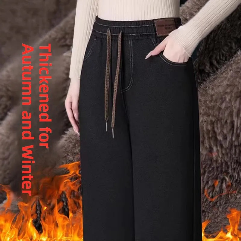 Women's High Waist Fleece Lined Thickened Denim Look Wide Leg Pants Autumn Winter Warm Casual Trousers Fashionable Long Pants